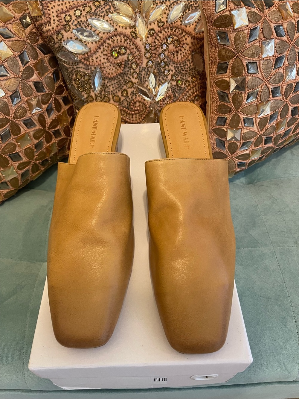 Handmade Tan Leather Square-Toe Mule Slides
